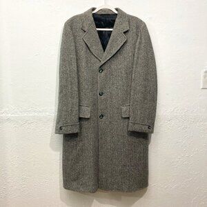 John Peter Men Herringbone Long Overcoat Wool Tailored Hand Detailed Jacket Gray